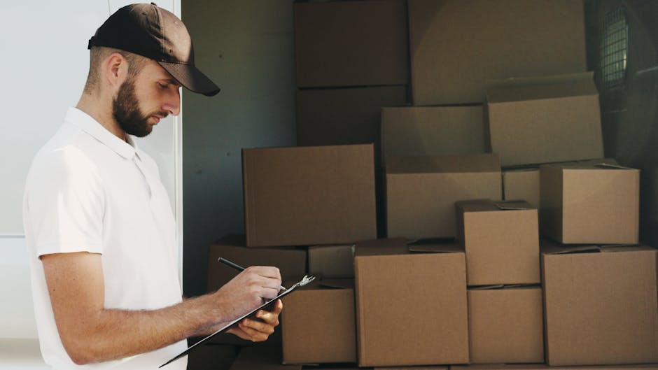 A man wearing a black cap and white polo shirt stands inside a storage area or moving vehicle, surrounded by stacked cardboard boxes of various sizes, some sealed with packing tape. He holds a clipboa