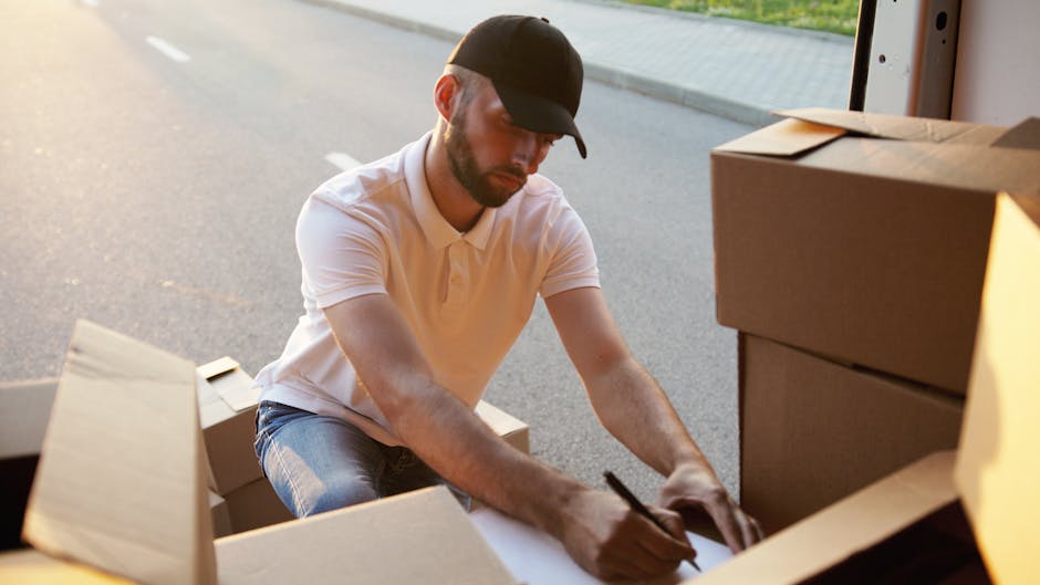 A man wearing a black cap and white polo shirt stands inside a storage area or moving vehicle, surrounded by stacked cardboard boxes of various sizes, some sealed with packing tape. He holds a clipboa
